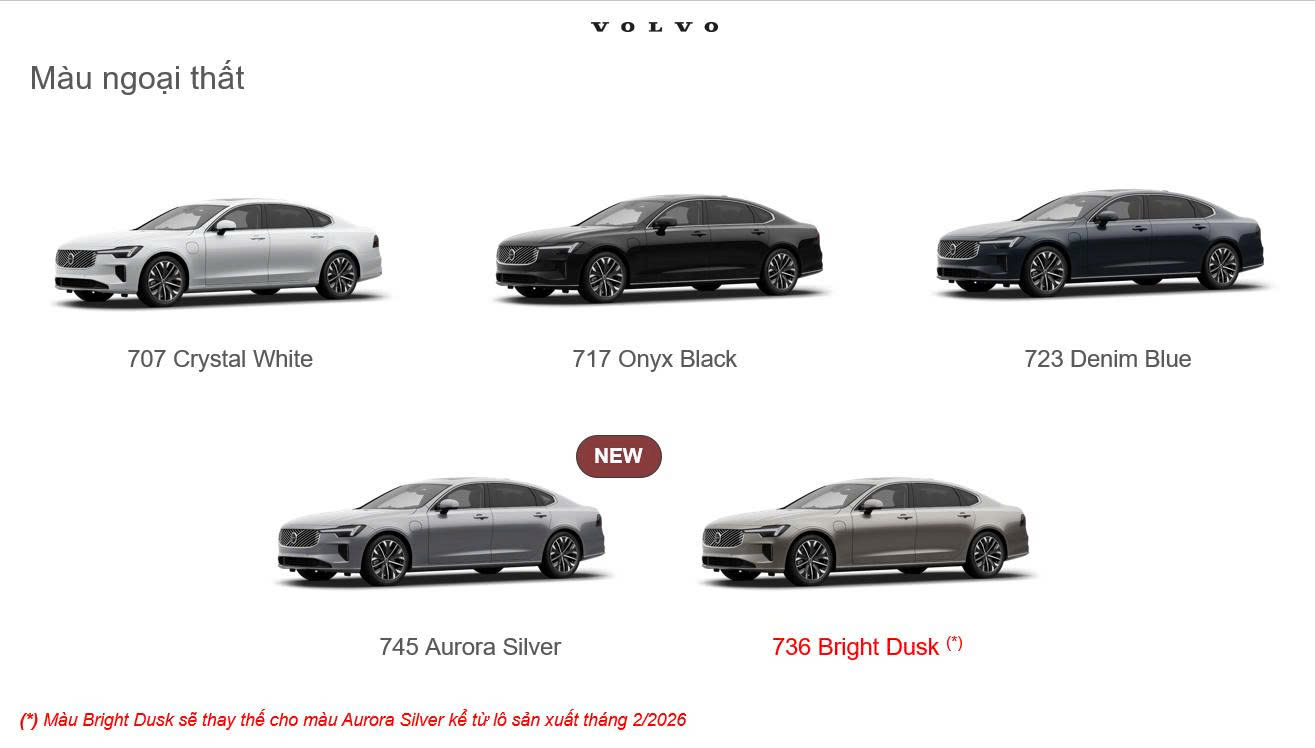 Các màu ngoại thất được trang bị trên Volvo S90L Plug In Hybrid 2026