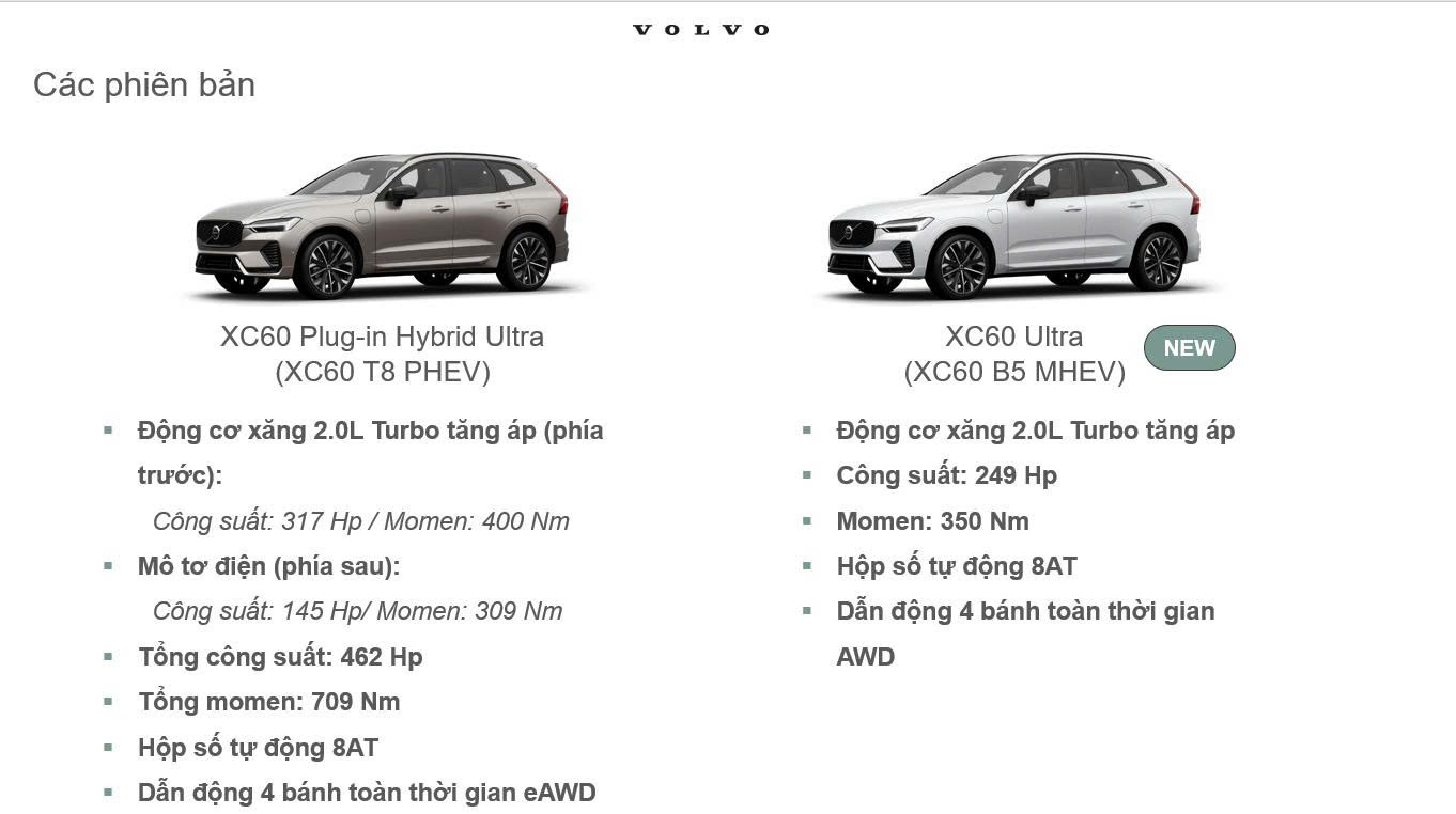 Volvo Xc60 2026 được phân phối với 2 phiên bản.