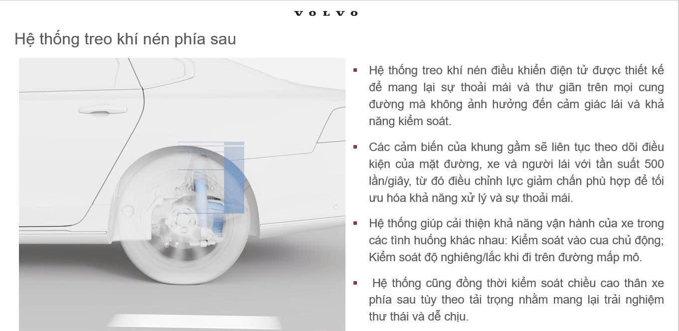 Hệ thống treo bóng hơi 2 buồn cho cầu sau của Volvo S90L Plug In Hybrid 2026.