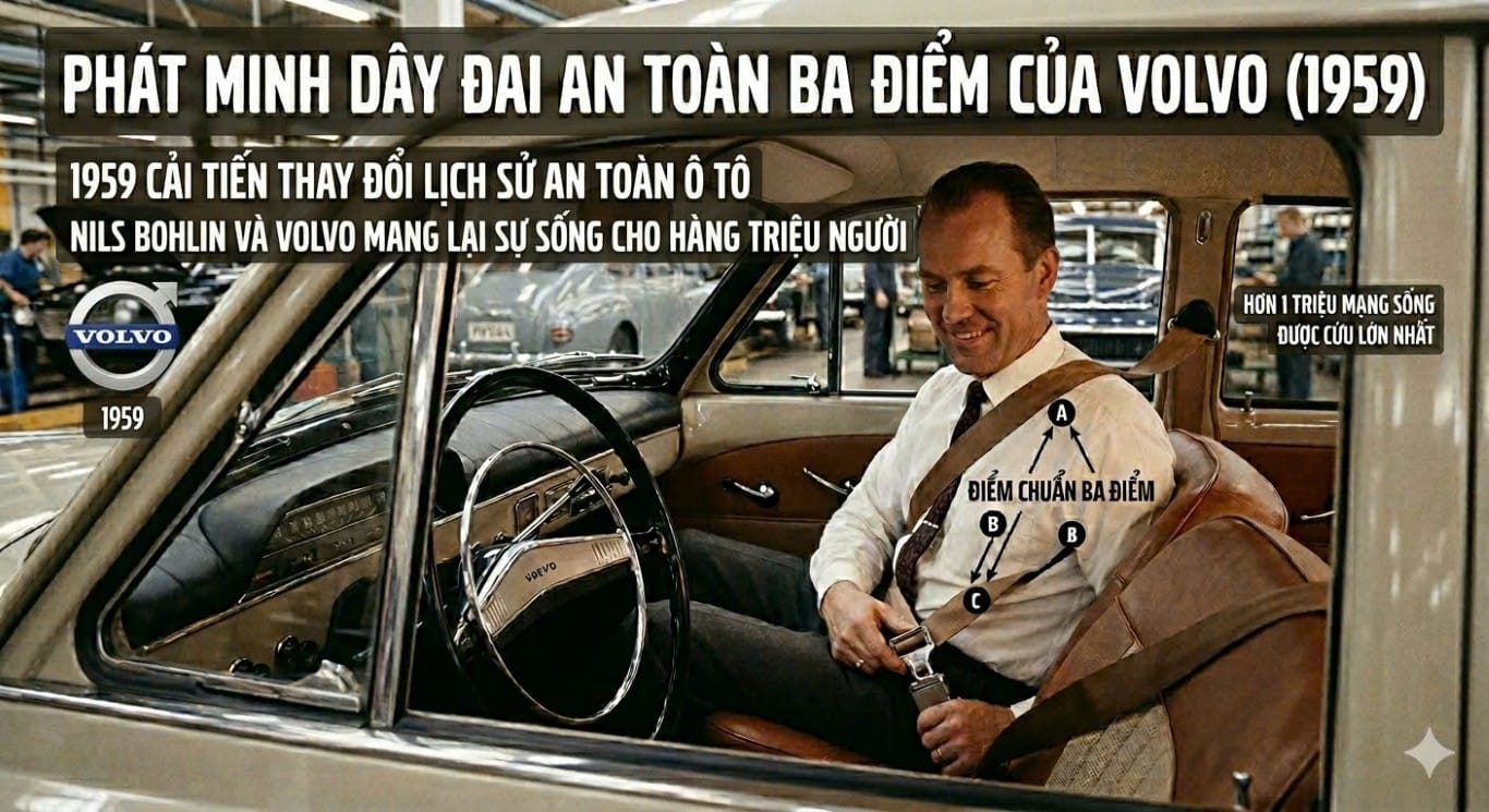 Dây đai an toàn ba điểm trên Volvo được phát minh ra đầu tiên năm 1959.