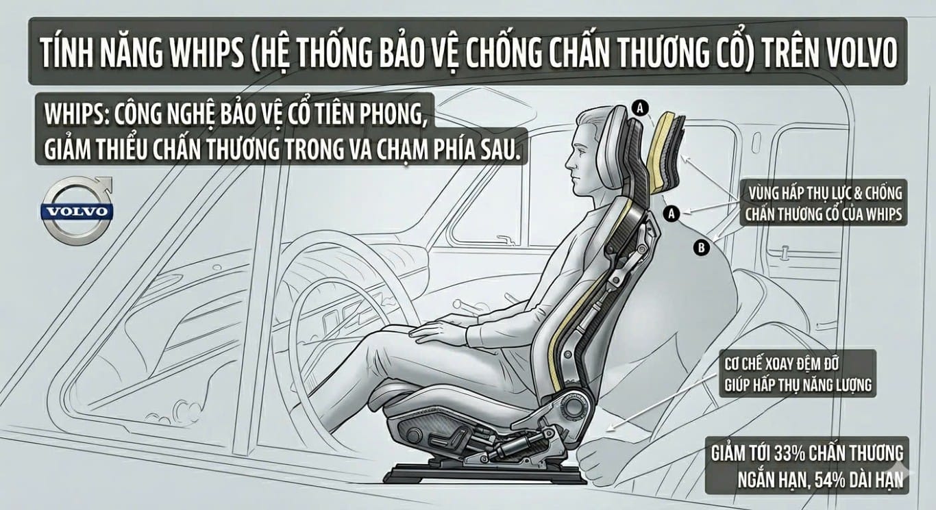 Tính năng an toàn Whips trên Volvo - Hệ thống chống chân thương cổ